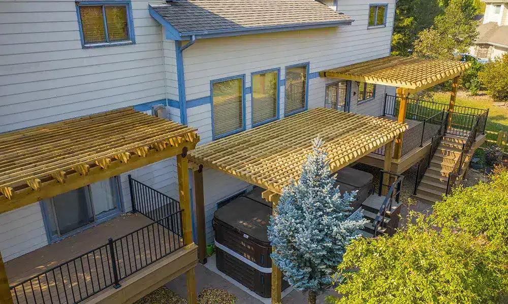 Three Attached Wooden Cedar Pergolas in Deck - pergola builder in Colorado