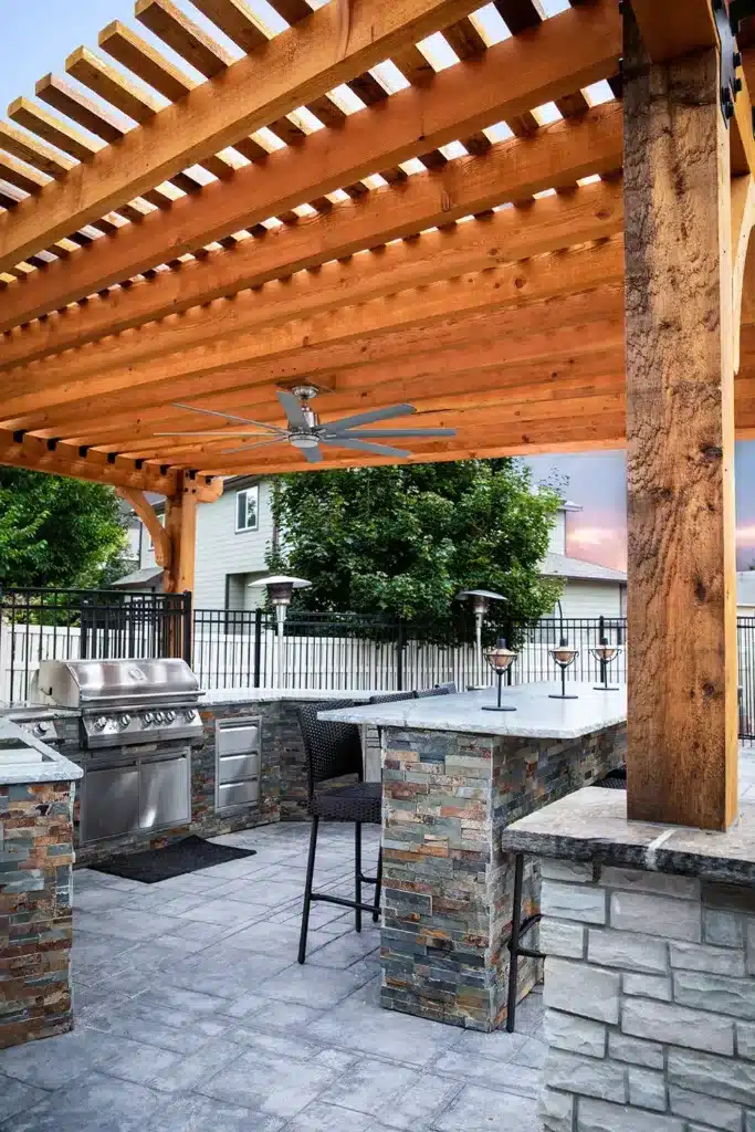 Outdoor Kitchen and Wooden pergola with fan