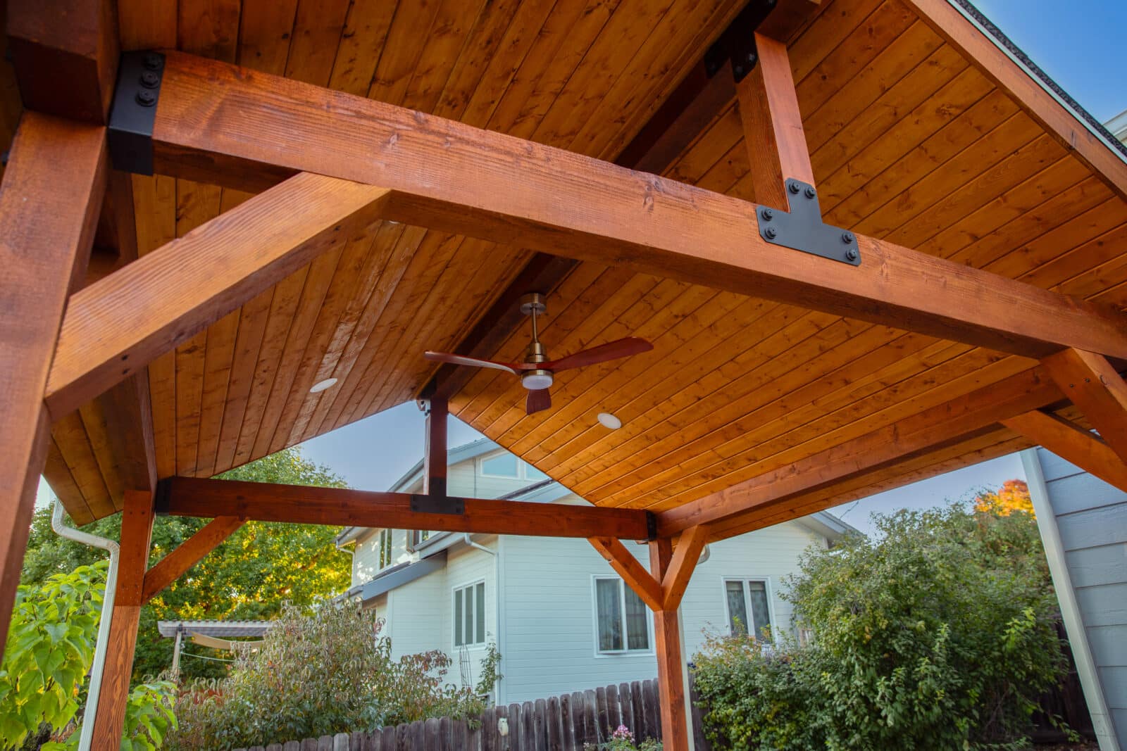 Wooden Patio Cover with built in ceiling fan