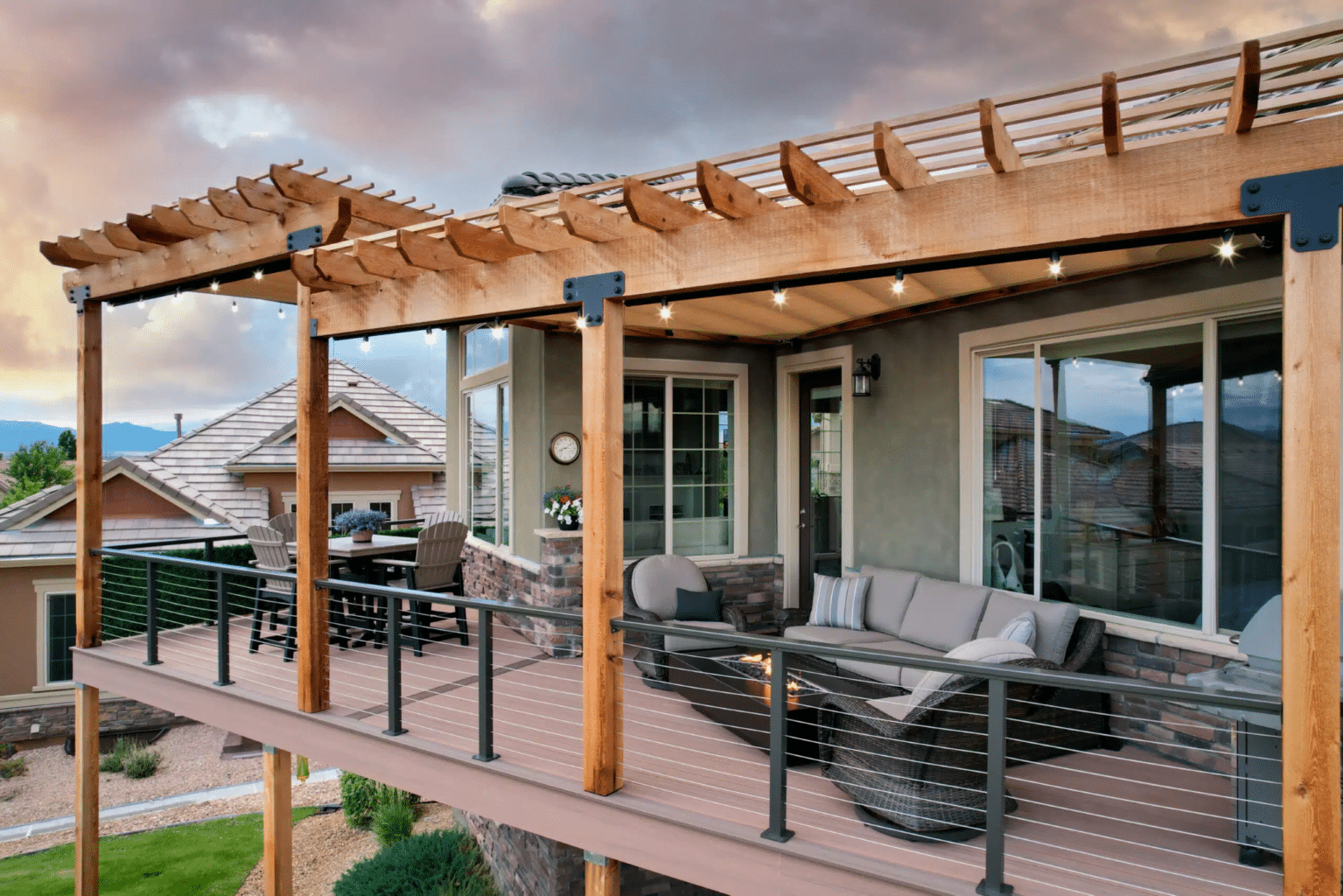 Off-Season Deck Building Ideas: elevated deck with pergolas and fire pit