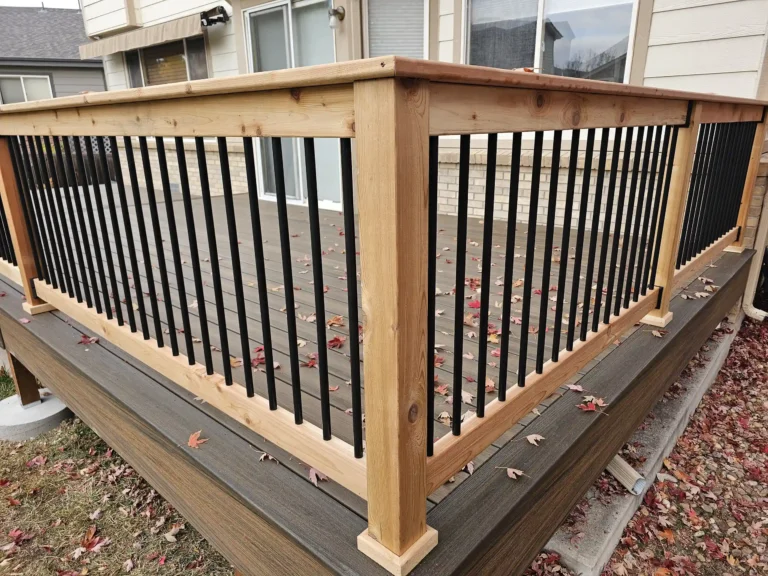 Wood and metal deck railing with a composite deck floor